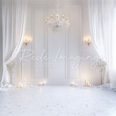 an elegant white room with candles and chandelier