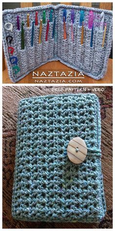 crocheted zippered pouch with buttons on the inside and outside, in different colors