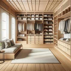 a large walk in closet with lots of drawers and clothes on hangers next to a couch