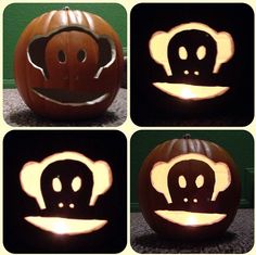 four pumpkins with faces carved to look like monkeys and panda heads in different angles