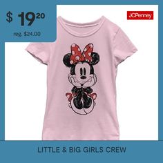 This little and big girls' Minnie Mouse graphic t-shirt is a sweet casual style go-to. Crafted from soft cotton-knit, this tee has a crew neckline and short sleeves. Style it with leggings or a skirt. Character: Minnie MouseClosure Type: Pullover HeadFit: Regular FitNeckline: Crew NeckSleeve Length: Short SleeveFiber Content: 100% CottonFabric Description: KnitCare: Tumble Dry, Machine WashCountry of Origin: Imported Minnie Sketch, Moon Graphic Tee, Minnie Mouse Outfits, Minnie Mouse Pink, Minnie Mouse Girl, Tops Graphic, Sleeves Style, Girls Graphic Tee, Graphic Tee Design