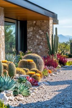 a house with cactus and succulents in the front yard