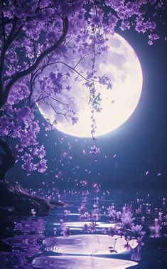 the full moon is reflected in the water and trees are blooming with purple flowers