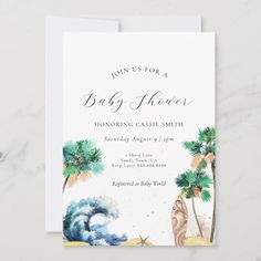 a baby shower with palm trees and waves