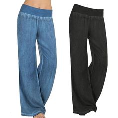 -Brand New - Material: Polyester/Cotton - Elastic Waist - Wide Leg Pants - Color: Black, Blue - Size: S, M, L, Xl - Will Ship Out Same Day Stretch Cotton Dark Wash Pants, Casual Non-stretch High Rise Bottoms, Casual Non-stretch High-waisted Jeans, Casual Stretch Dark Wash Pants, Black Denim Pants With Elastic Waistband, Casual Stretch Cotton Jeans, Casual Stretch Jeans With Elastic Waistband, Versatile Denim Blue Cotton Bottoms, Casual Stretch Denim Blue Bottoms