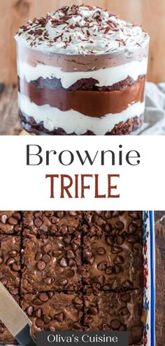 brownie trifle with white frosting and chocolate chips