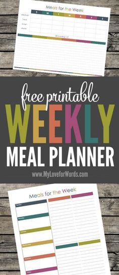 the free printable weekly meal planner is on top of a wooden table with text overlay