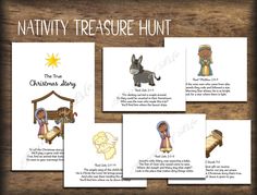 nativity treasure hunt with pictures and instructions for children's christmas story, including an image