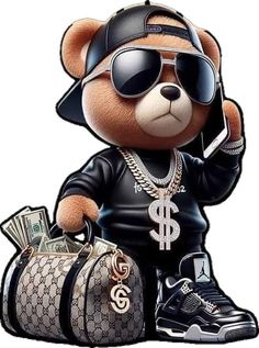 a teddy bear wearing sunglasses and holding a purse