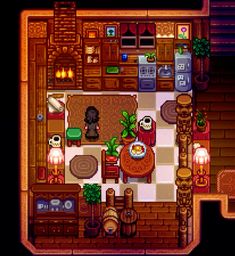 an overhead view of a kitchen and living room in the game animal crossing, which is on display