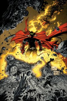 a comic book cover with an image of a man in red cape and flames coming out of