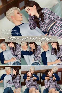 a collage of photos with two people hugging each other and the caption reads, better - sweet bed cuddles