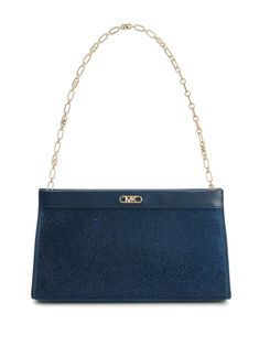 steel blue leather rhinestone embellishment logo plaque gold-tone hardware detachable chain-link top handle magnetic fastening main compartment logo-jacquard lining Modern Evening Shoulder Bag With Gold-tone Logo, Modern Evening Bag With Gold-tone Logo Plaque, Modern Evening Bags With Gold-tone Logo Plaque, Modern Evening Bags With Gold-tone Logo, Evening Rectangular Shoulder Bag With Gold-tone Logo Plaque, Evening Top Handle Bag With Gold-tone Logo, Chic Rectangular Bag With Gold-tone Logo Plaque, Blue Luxury Clutch With Top Handle, Luxury Blue Clutch With Top Handle