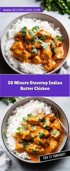 two bowls filled with chicken curry and rice