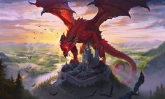 a large red dragon standing on top of a castle