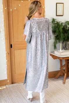 Marion Long Dress - Silver Sequin - Emerson Fry Silver Sequined Maxi Dress For Cocktail, Silver Long Sleeve Winter Dress, Silver Long Sleeve Holiday Dress, Luxury Silver Long Sleeve Sequin Dress, H&m Silver Sequin Dress, Emerson Fry, Cape Style, Beautiful Drapes, Silver Sequin