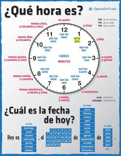 a clock with spanish words on it and the time in different languages, as well as numbers