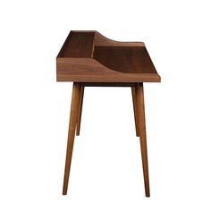 a small wooden table with two legs and a tray on it's top, against a white background