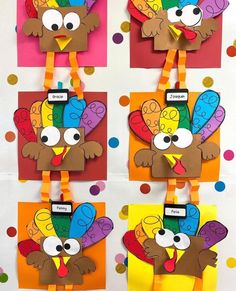 four different pictures of turkeys made out of construction paper and colored papers with the words thanksgiving written on them