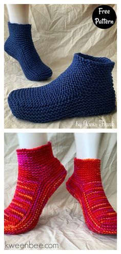 two pictures showing different types of knitted shoes and socks with the words free pattern on them