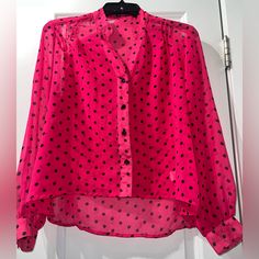 Sheer Button Down | Can Be A Swim Cover Up Top Not Worn | Good Condition | No Holes | Stains 100 %Polyester Everything In Closet Must Go “Unused And Used Items Bought” Bundles Available Pictures With| Without Flash For Approximate Color Chic Pink Blouse With Buttons, Trendy Pink Blouse With Button Closure, Pink Button-up Blouse For Vacation, Casual Polka Dot Button-up Blouse, Cheap Polka-dotted Swimwear For Vacation, Elegant Polka Dot Button-up Tops, Cheap Polka Dot Button-up Blouse, Poka Dot, Swim Cover