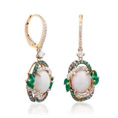 Ross-Simons - Opal Drop Earrings, .64ct t. w. Multicolored Diamonds, .70ct t. w. Multi-Gemstones. Our dreamy drop earrings call to mind the kind of lush greenery found in nature's most enchanting hideaways. Featuring 8x10mm oval opal cabochons that are encircled by artful borders of .64 ct. t. w. brown and white diamonds and .20 ct. t. w. tsavorite rounds with fanciful marquise emeralds that total .50 carats. Set in polished 14kt yellow gold. Hanging length is 1 3/8". Black rhodium at brown diam Fine Jewelry Multi-stone Round Diamond Earrings, White Gold Multi-stone Earrings Fine Jewelry, White Gemstone Diamond Earrings In Fine Jewelry Style, White Diamond Multi-stone Earrings, Green Diamond Multi-stone Earrings, Green Multi-stone Diamond Earrings, White Gold Multi-stone Round Earrings, Elegant White Multi-stone Earrings, White Multi-stone Earrings Fine Jewelry