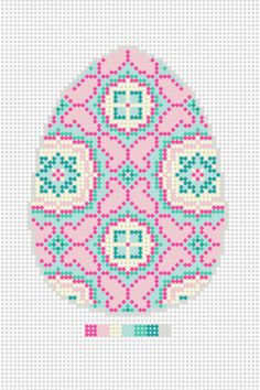 a cross stitch pattern with the shape of an egg in pink, blue and white