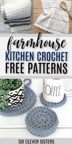 the farmhouse kitchen crochet free pattern is shown with coffee cups and saucers