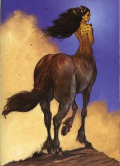 a painting of a woman riding on the back of a brown horse with long hair