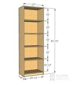 an image of a bookcase with measurements for the top and bottom shelves on it