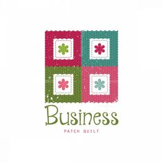 the business patch quilt logo is shown in green, pink and red squares with flowers on them