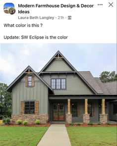 a gray house with brown trim on the front and side windows is featured in an instagram post