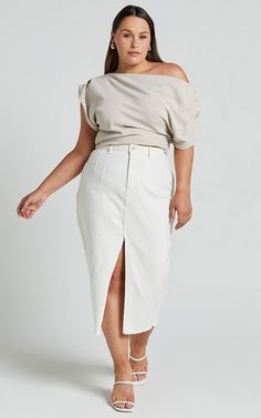 Janeve Midi Skirt - Front Split Denim Skirt in Ecru | Showpo USA Cream Midi Denim Skirt Outfit, High Split Denim Skirt, Denim Split Front Midi Skirt, Luxury Cream Midi Skirt, Beige Button Closure Midi Skirt, Office Fashion, Fall Wardrobe, Midi Length, Denim Skirt