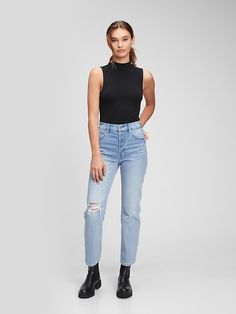 High Rise Destructed Cheeky Straight Jeans with Washwell | Gap Tomboy Aesthetic, Black White Outfit, Summer Capsule, Fashion Goals, Water Saving, Brand Board, Winter 2022, New School, White Outfits