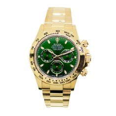 Description Guaranteed Authentic Rolex Daytona with a 40mm 18K yellow gold case and a "John Mayer" Green Index dial with three green subdials. This fine timepiece is waterproof up to 100 meters. It features a chronograph central seconds hand, a 30-minute counter, a 12-hour counter, an 18K yellow gold tachymeter bezel, and an 18K yellow gold Oyster bracelet. This watch is unworn with tags and its box. It comes with a Five Year Warranty through Rolex (warranty starts from the original purchase dat Yellow Gold Watches With Diamond Hour Markers, Rolex Day Date Green Dial, Formal Yellow Watches With Metal Dial, Rolex Daytona Gold Green Dial, Day Date Rolex Gold, Swiss Luxury Watches, Swiss Luxury, Oyster Bracelet, John Mayer