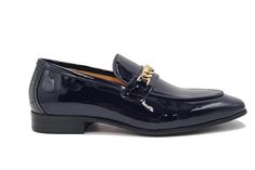 Patent Leather Beveled Square Toe Loafer Navy Elegant new Beveled Square Toe slip-on Loafer from the Carrucci collection in Supple Patent Leather features Bailey Goldtone Chain Hardware, soft Calfskin lining with a cushioned insole, and a clean welt! Navy Slip-on Formal Loafers, Elegant Blue Slip-ons For Work, Elegant Blue Slip-ons For Formal Wear, Elegant Blue Slip-ons For Formal Occasions, Navy Slip-on Loafers For Work, Elegant Navy Leather Loafers, Elegant Navy Dress Shoes For Business, Elegant Navy Business Dress Shoes, Elegant Navy Formal Loafers