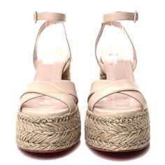 This is an authentic pair of CHRISTIAN LOUBOUTIN Goatskin Super Mariza 130 Espadrille Sandals size 39 in Leche and Natural. These sandals are crafted of light pink goatskin leather. They feature an espadrille platform, ankle straps and criss cross toe straps, and red lacquer soles. Espadrilles Platform, Red Lacquer, Espadrille Sandals, Ankle Straps, Criss Cross, Christian Louboutin, Espadrilles, Light Pink, Sandals