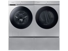 the front load washer and dryer are side by side in stainless steel finish