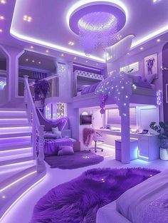 this is a bedroom with purple lighting and white furniture in the room, it has stairs leading up to the second floor