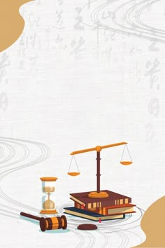 an illustration of a balance scale with books and a hammer on the ground next to it