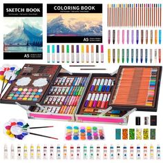 an assortment of art and craft supplies including markers, pencils, markers, pens