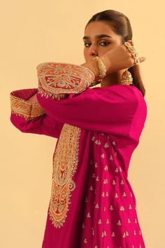 Pink A-line kalidar kurta with Kashmiri tilla applique gota and kundan embroidery. Paired with a salwar. - Aza Fashions Eid Straight Kurta Lehenga With Dabka Detail, Navratri Traditional Drape Kurta With Dori Work, Semi-stitched Dabka Saree For Navratri, Navratri Dola Silk Kurta With Dabka Detail, Navratri Semi-stitched Cutdana Kurta, Designer Dabka Saree For Diwali, Designer Semi-stitched Dabka Saree, Semi-stitched Kurta With Traditional Drape For Navratri, Navratri Straight Kurta With Dabka Embroidery