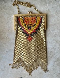 1920s Art Deco Enamel Metal Mesh Chain Link Antique Evening Bag See pictures next to ruler for scale Vintage Gold Bag With Chain, 1920s Art, 1920s Art Deco, Metal Mesh, Clutch Handbag, Ruler, Chain Link, Evening Bags, Purses And Handbags