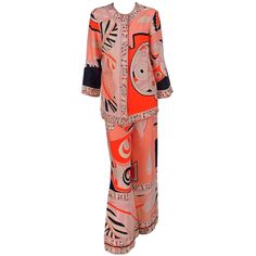 Vintage Pucci, Vintage Pajama, Pucci Vintage, Vintage Pajamas, Palazzo Style, Pink Pajamas, Vintage Suits, Orange Coral