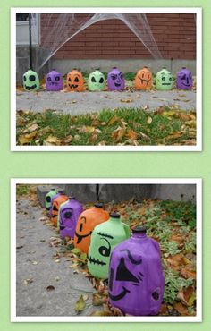 halloween decorations are lined up on the ground in front of a brick wall and spider net