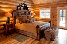 a bed in a room with wooden walls