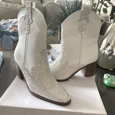 Brand New Never Worn, Custom Bedazzled White Cowgirl Booties. Size 38 White Rhinestone Cowgirl Boots, White Rhinestone Cowboy Boots, Bedazzled Boots Diy, Bedazzled Cowgirl Boots, Bedazzled Cowboy Boots, Country Wishlist, Bedazzled Boots, Nashville Vibes, White Cowgirl Boots