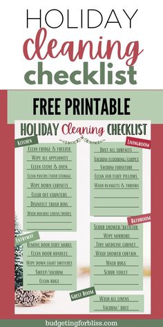 a holiday cleaning checklist with the words, free printable holiday cleaning checklist