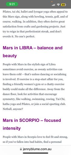 an info sheet with the words mars in libra - balance and beauty