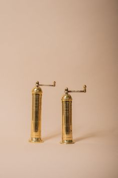 two brass salt and pepper shakers sitting side by side